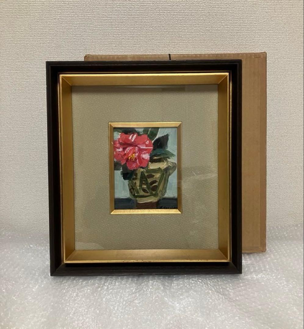 楢原健三「椿」 0号 油彩 油絵 絵画 静物画 当時オリジナル額装 木製額縁