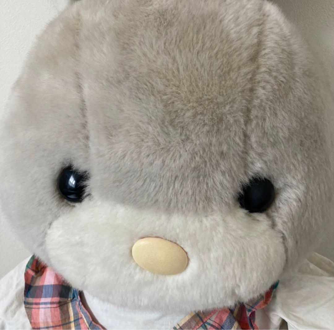★昭和レトロ★吉徳　グレーのうさぎ　ぬいぐるみ チェック柄ドレス