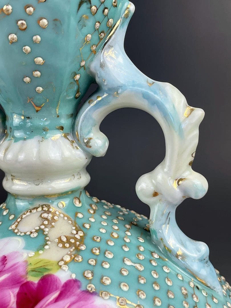 【希少】オールドニッポン 約２３cm アールヌーボー薔薇紋金盛り花瓶 ターコイズ