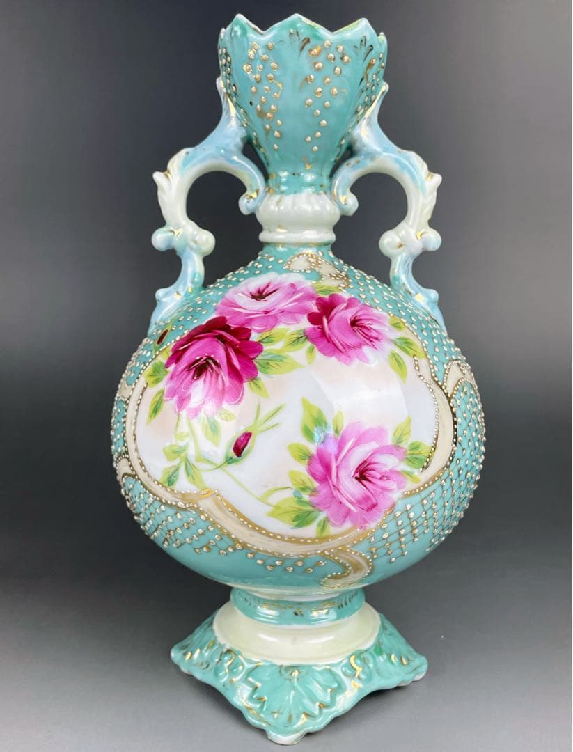 【希少】オールドニッポン 約２３cm アールヌーボー薔薇紋金盛り花瓶 ターコイズ