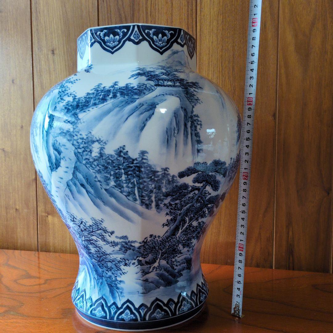 TKです。有田焼 神右衛門　染付山水図 　染付細密絵図花瓶 飾壺 古美術