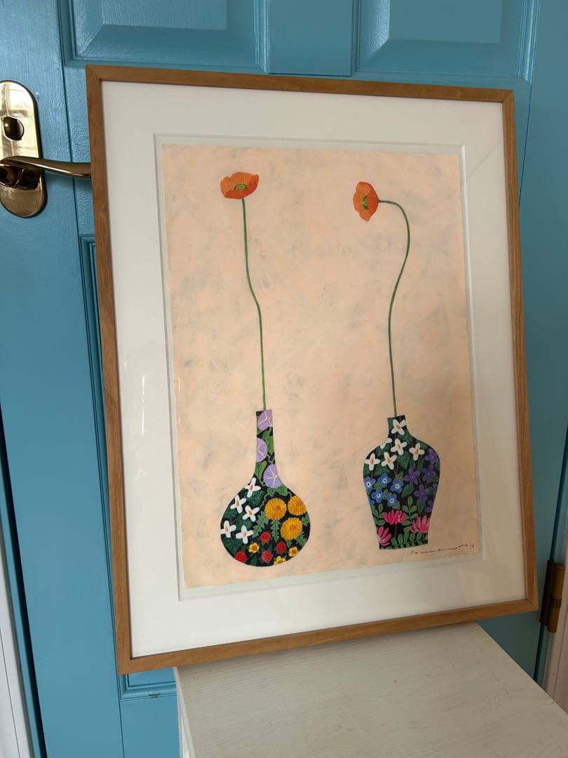 マツモトヨーコ　ドローイング　絵画　「微妙な関係」　ポピーと季節の花ばな