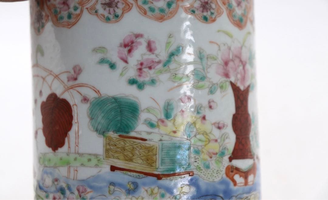 中国　粉彩花卉紋筆入　同治年製　送料込み0814