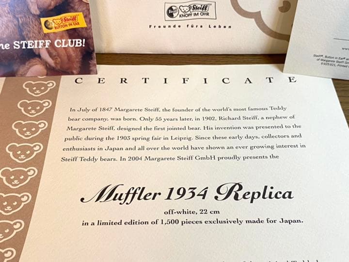 シュタイフ Muffler 1934 レプリカ テディベア676239 証明書付