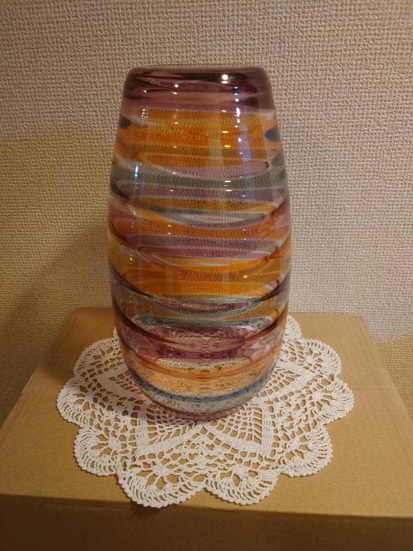 ボヘミア　グラス　レインボー　ボーダー柄　花瓶　チェコ製
