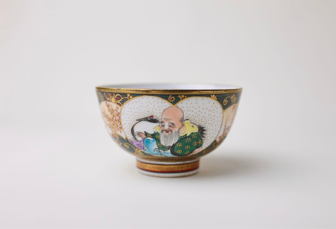九谷焼　寿老人　細密絵　青海波　七宝図　青粒　煎茶器　急須　茶碗