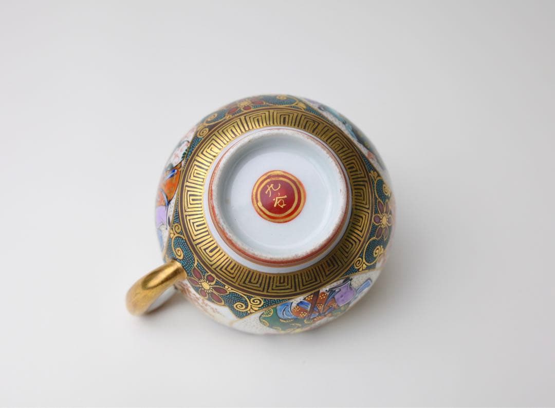 九谷焼　寿老人　細密絵　青海波　七宝図　青粒　煎茶器　急須　茶碗