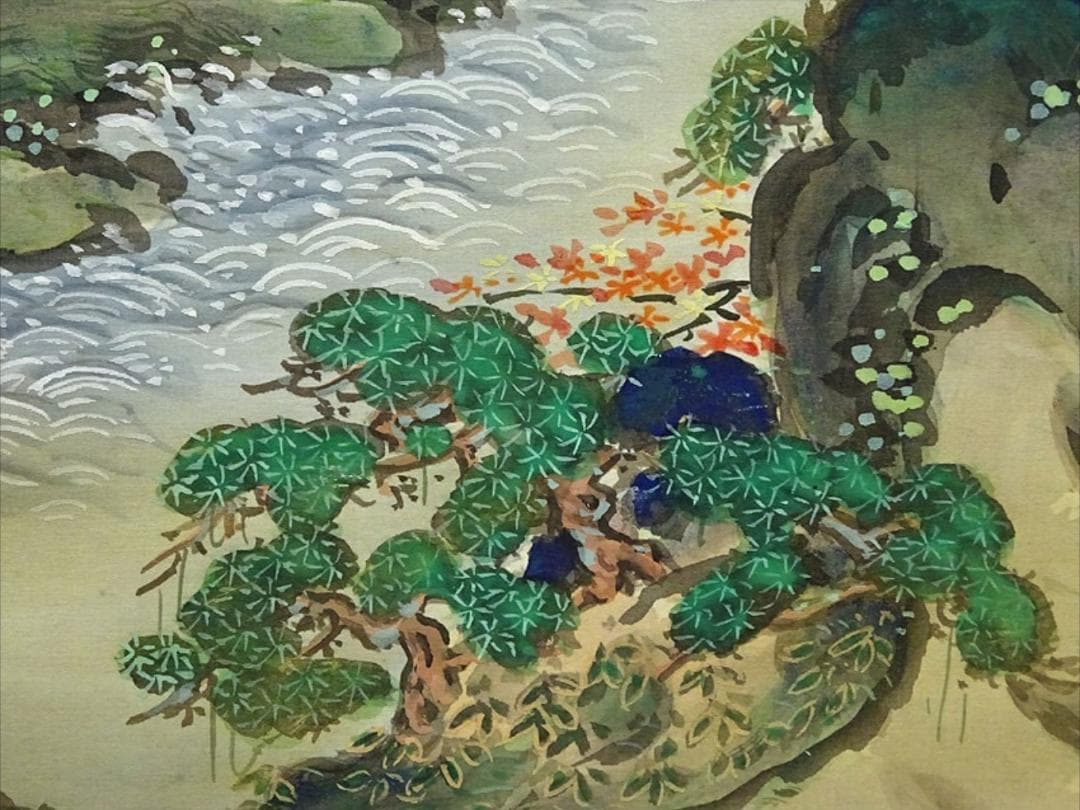 【真作】掛軸 狩野永琳『蓬莱山図』絹本 肉筆 共箱付 掛け軸 g070712