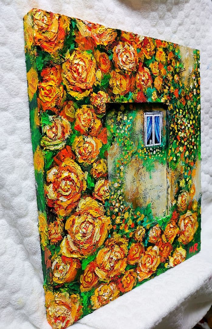油絵 絵画【猫と黄色薔薇】