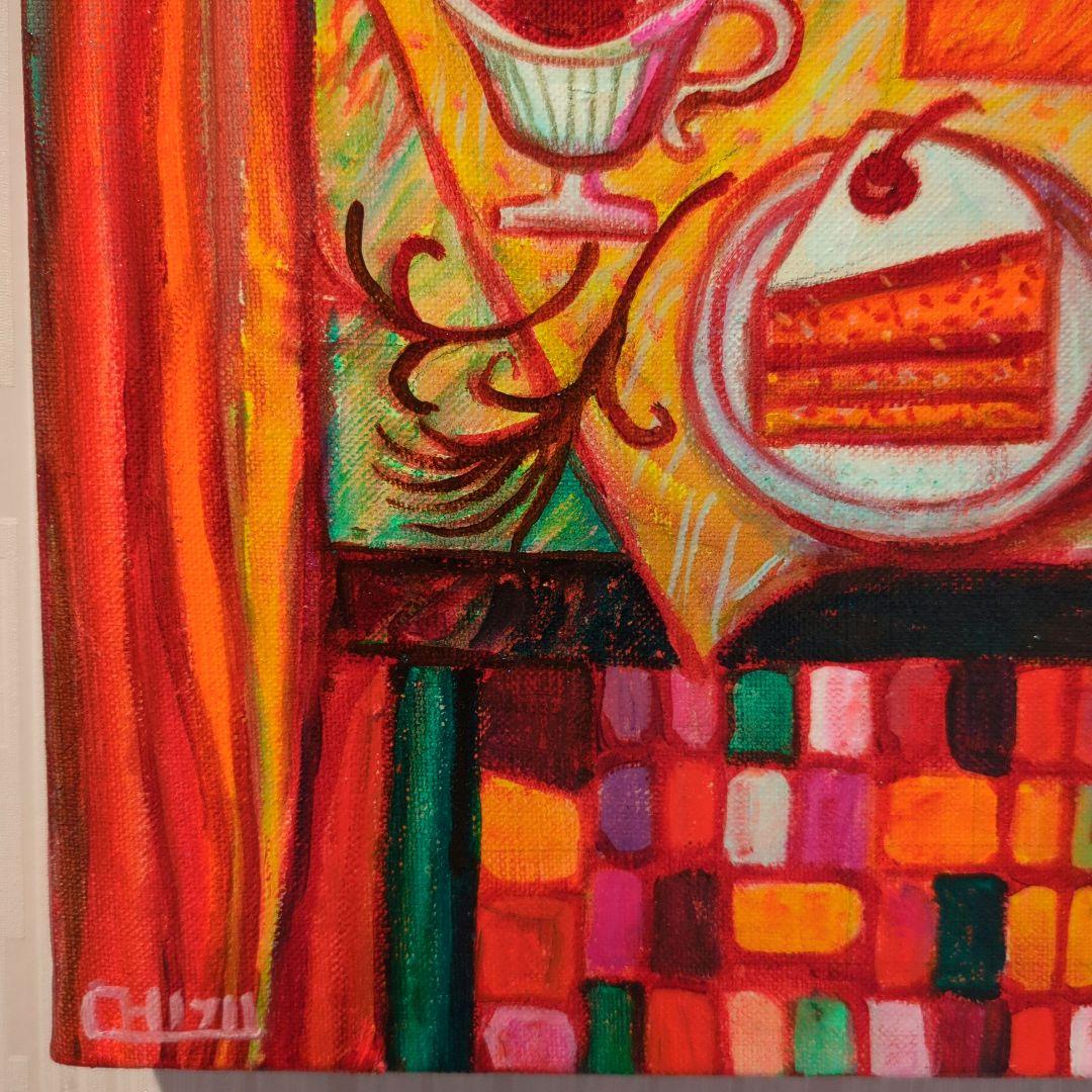 キャンバス油絵　専用　海と砂浜と空が見える窓際のテーブル 　モダンおしゃれアート