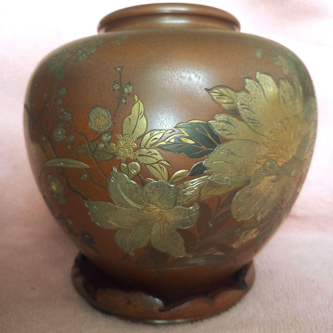 有美 刻 壺 花瓶 梅 牡丹 百合 薔薇 水仙 金属工芸 骨董品 古美術