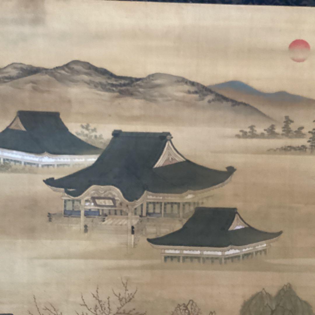 土佐派画紙本【朗詠集祝之詩意】不老門、長生殿之図　掛軸一幅　軸先良品　438