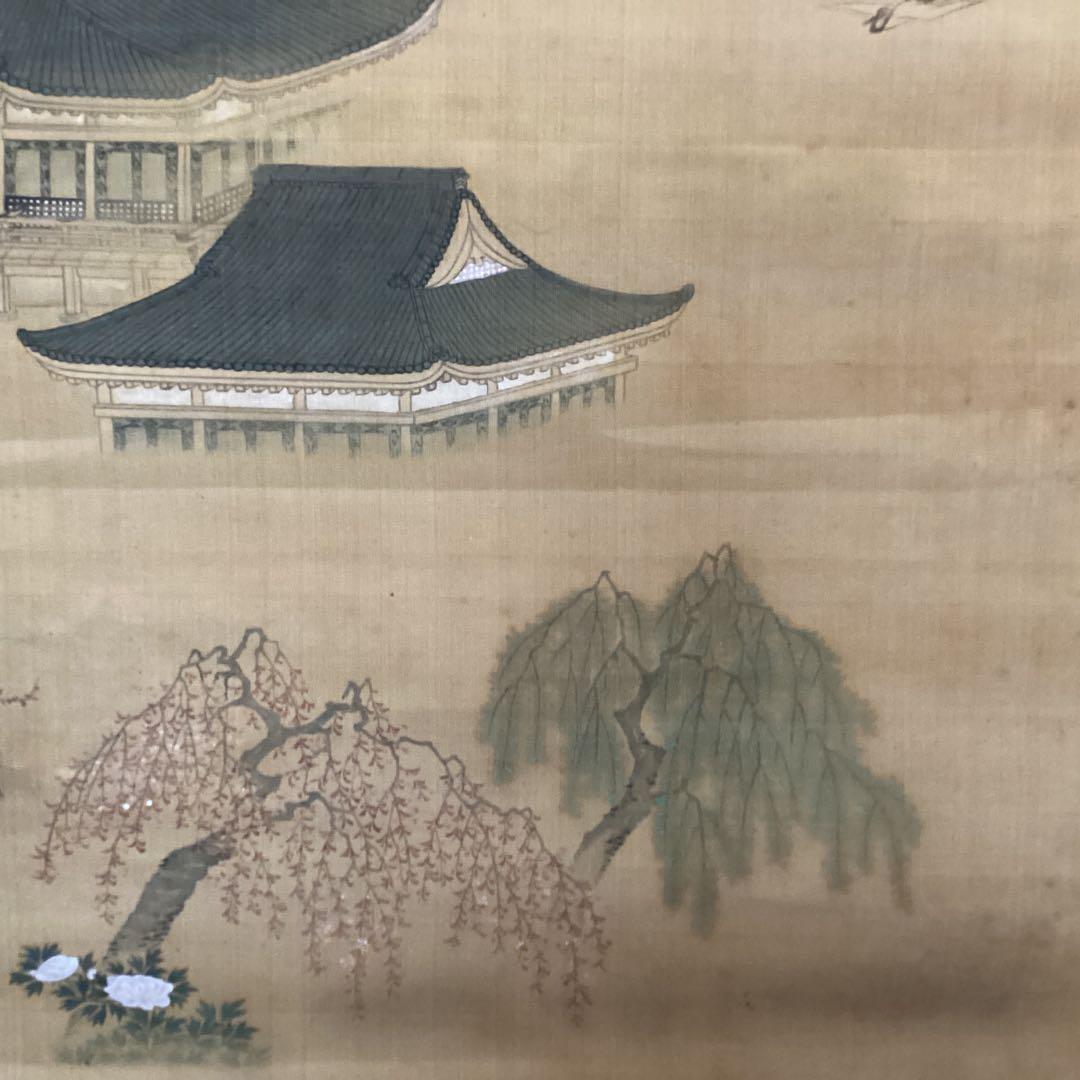 土佐派画紙本【朗詠集祝之詩意】不老門、長生殿之図　掛軸一幅　軸先良品　438