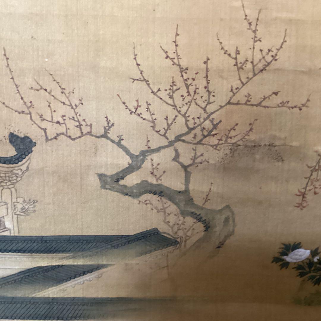 土佐派画紙本【朗詠集祝之詩意】不老門、長生殿之図　掛軸一幅　軸先良品　438