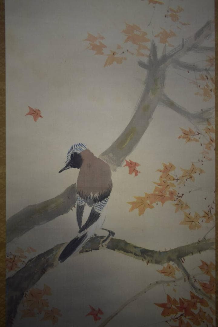 真作/寺崎広業/小禽紅葉図/絹表装/桐共箱付/布袋屋掛軸HJ-74