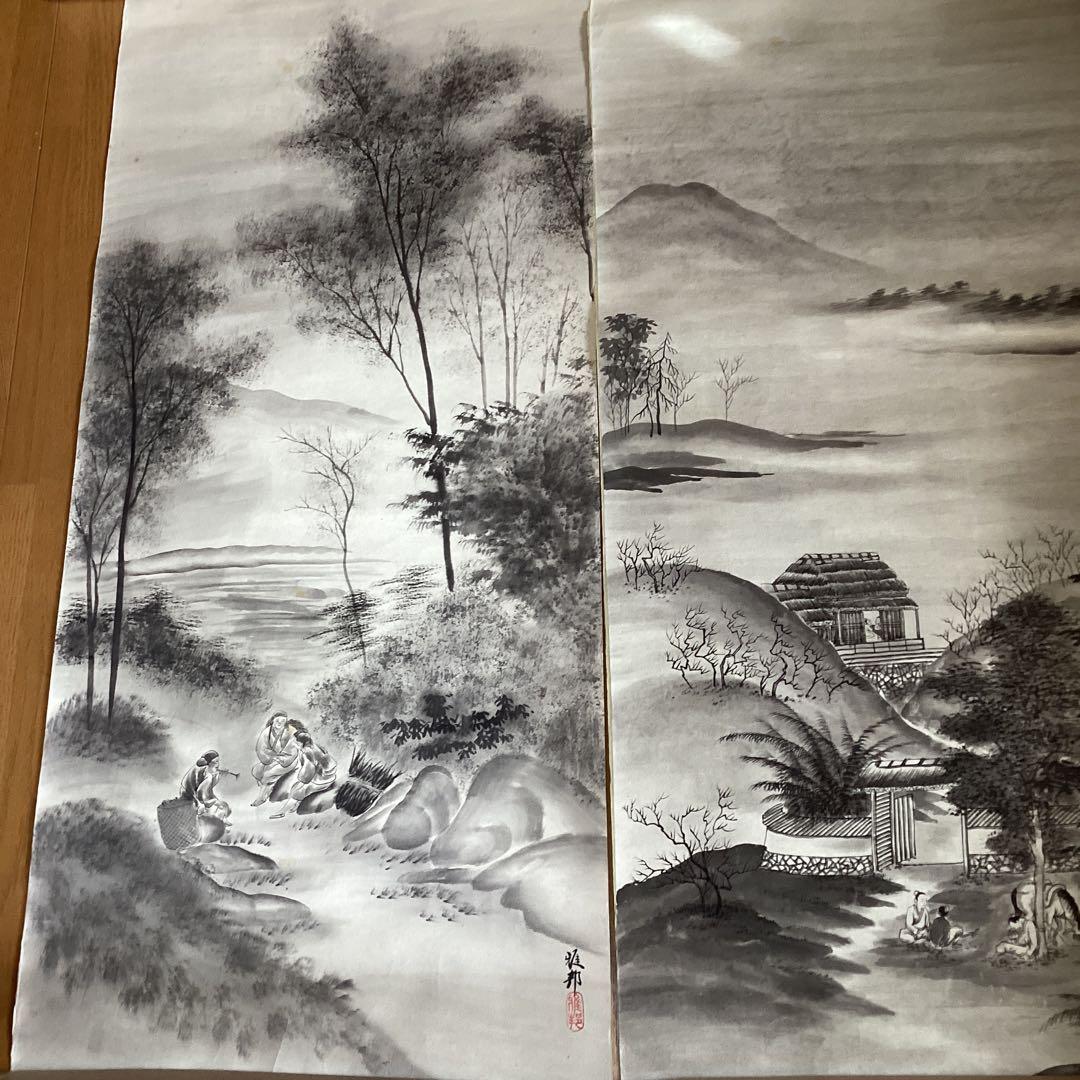 橋本雅邦　紙本水墨画《風景人物画》肉筆　落款印譜あり　双幅捲り　模写　NO107