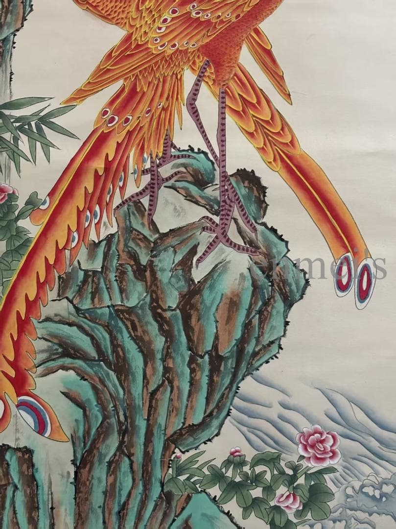 中国古美術 清代 絹本手描き 張大千 神鳥図 四尺 水彩画 鳳凰 掛け軸 肉筆