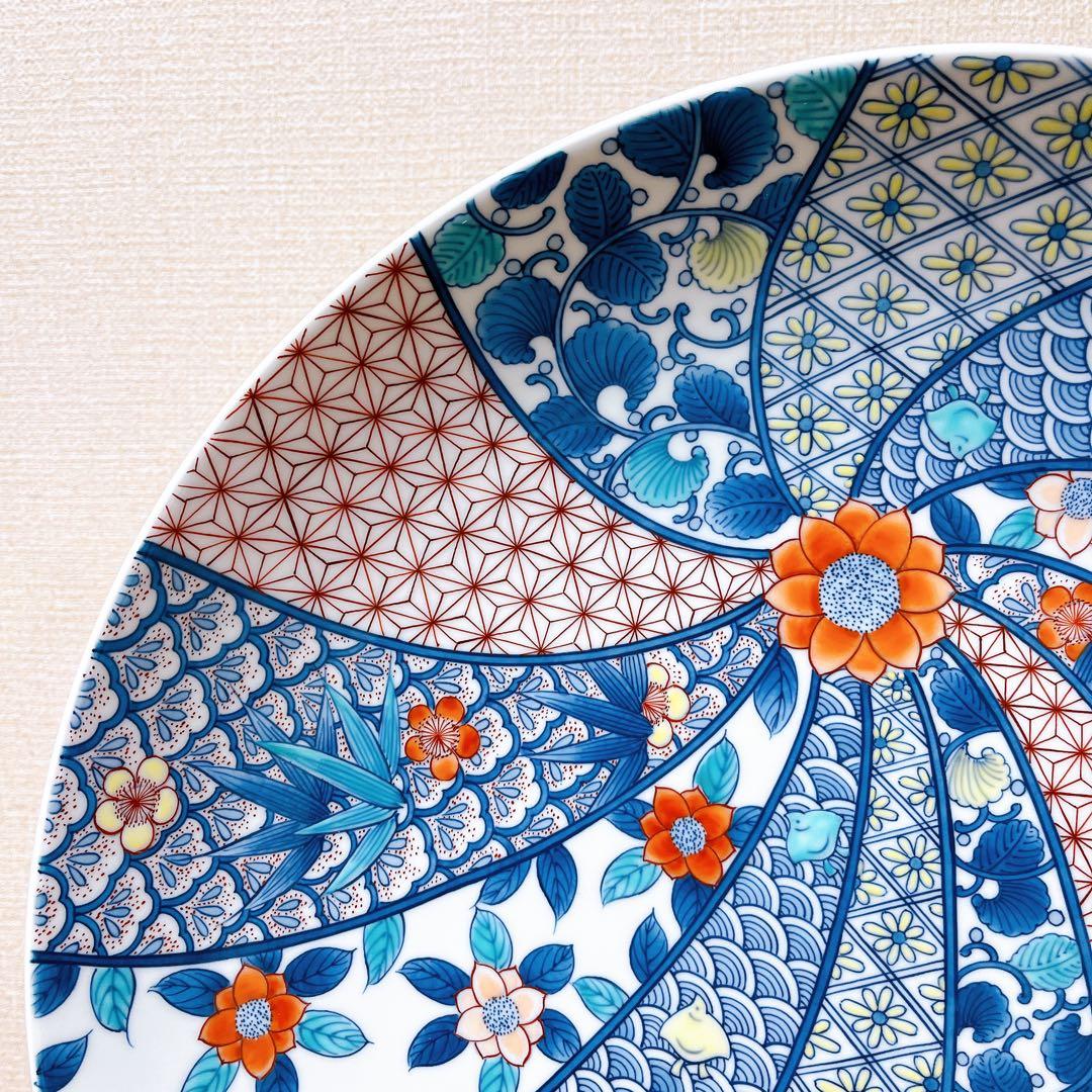 鍋島窯/市川公山 作/飾り皿/色絵/青海波花紋/大皿/鍋島焼/約46㎝/伝統工芸