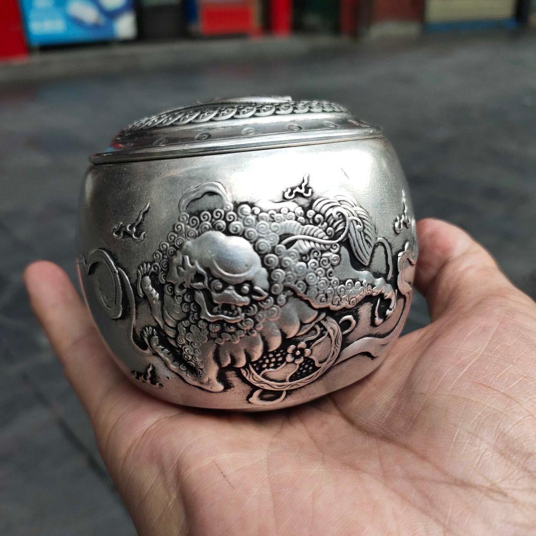 銅製 茶筒 招財進宝獅子茶筒 茶道具 香道具 装飾品 工芸品 置物