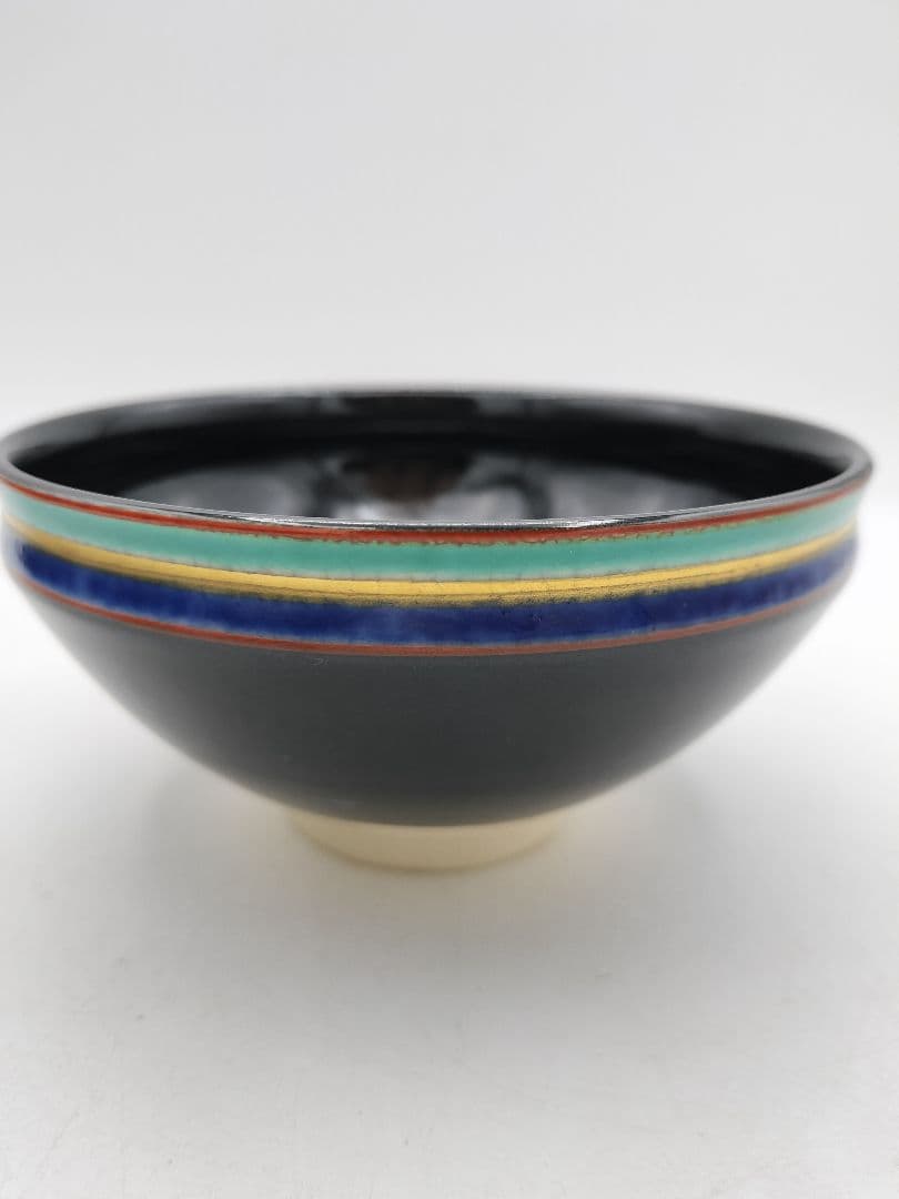 c773 数茶碗 黒仁清　独楽文 手塚桐鳳 10客 木箱 茶道具 古物