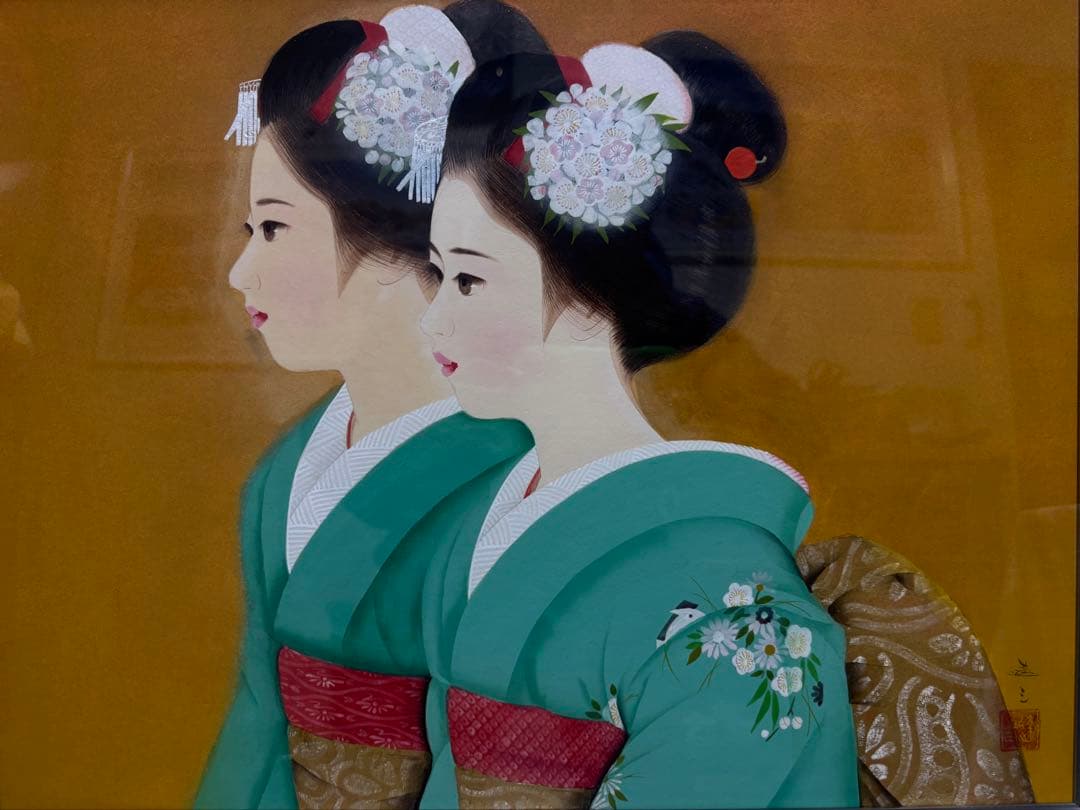 日本画 双子の舞妓シルバーフレーム　清水達三　作