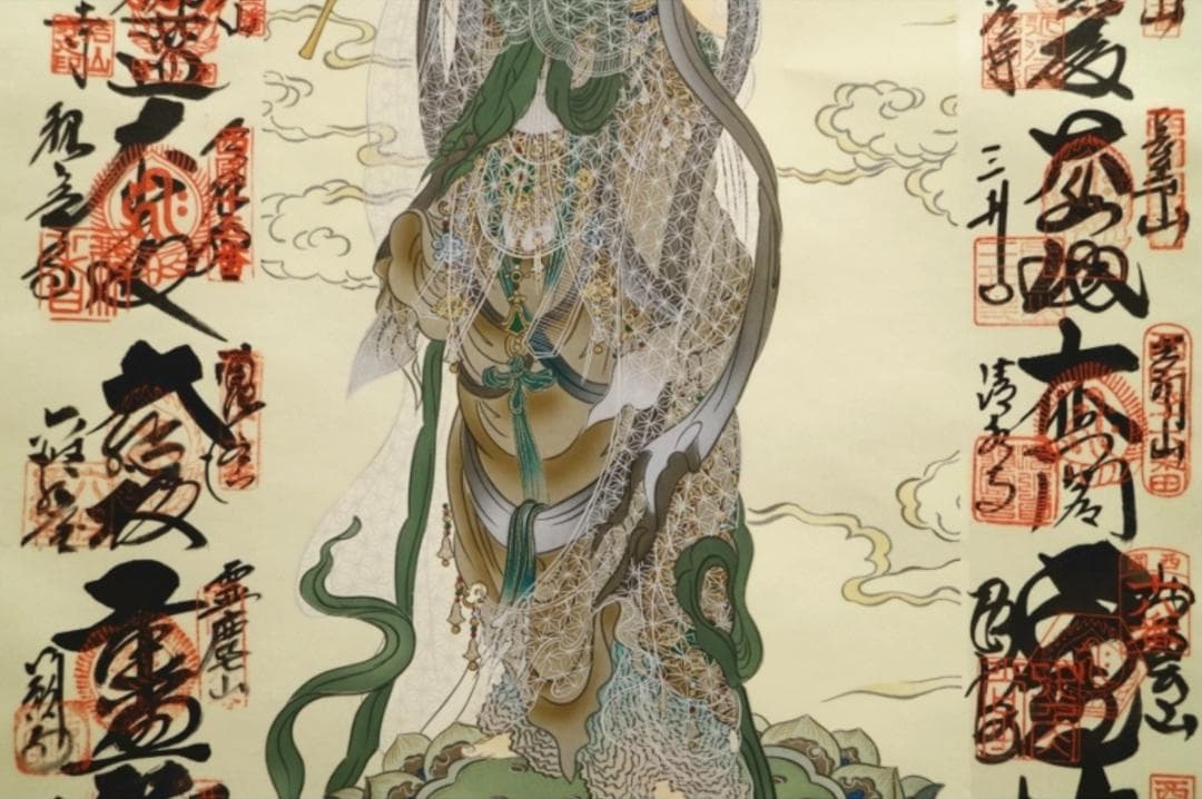 掛軸『西国三十三箇所霊場巡礼満願御朱印集印譜』絹本 共箱 掛け軸 x190919