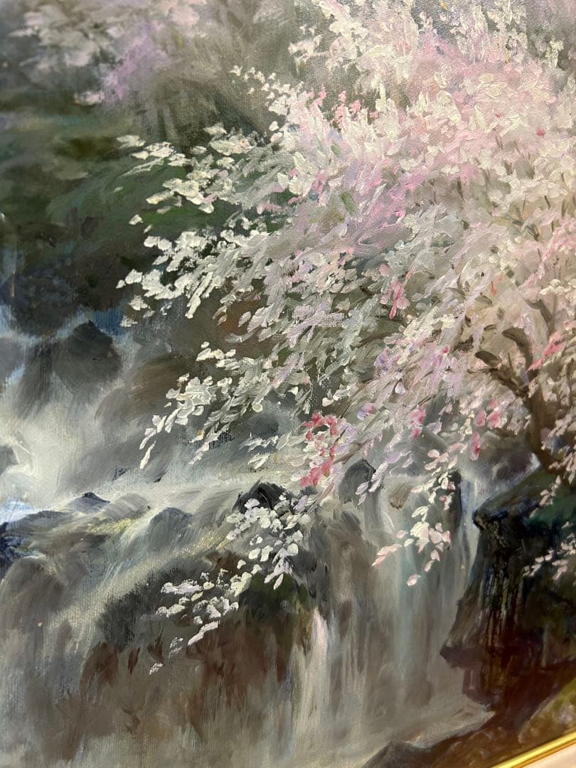 徐波氏　滝と桜の油彩画 大きめのフレーム