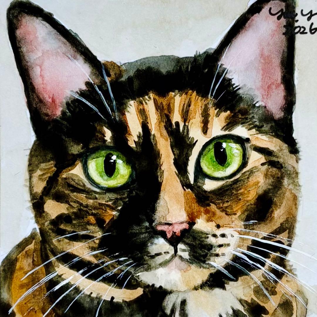 猫の絵 401水彩画 原画 ミニ色紙 豆色紙 サビ猫