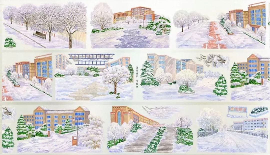PET 雪映校园 8cm×5m 海外マスキングテープ　雪景色　学校　キャンパス