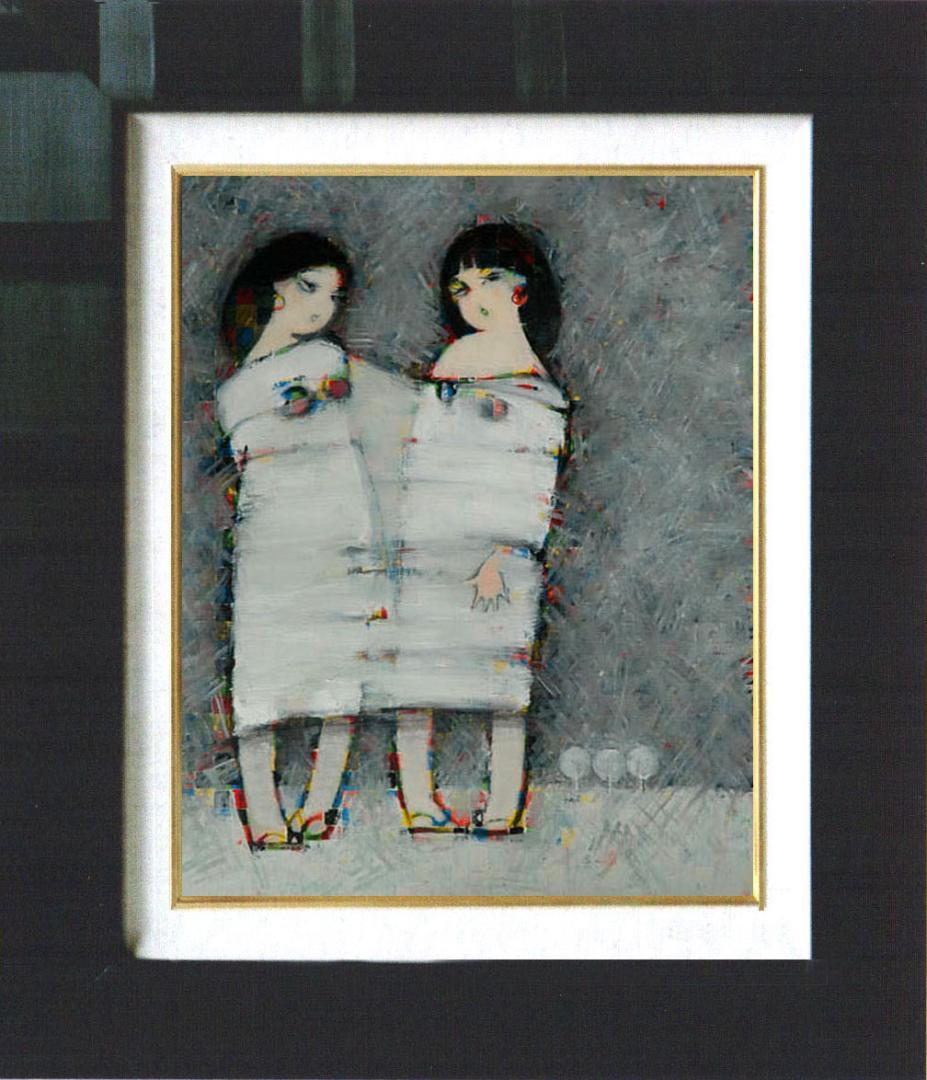油絵 菅家令子 絵 絵画インテリア額付(白) F6-083211人物 雪国の子供