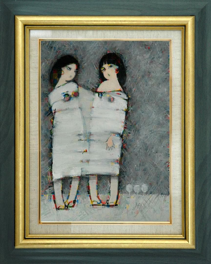 油絵 菅家令子 絵 絵画インテリア額付(白) F6-083211人物 雪国の子供