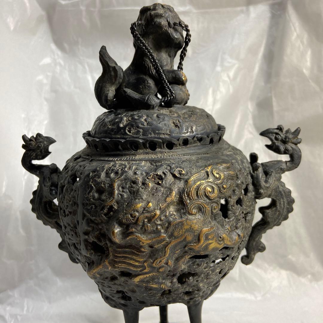 高岡銅器 金属工芸 三足 唐獅子香炉 仏教 透かし彫り 仏具 香道具