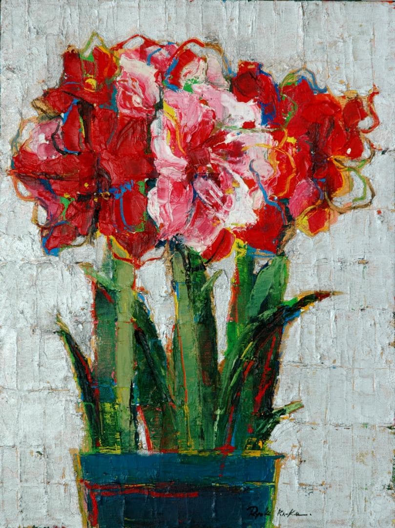 油絵 菅家令子 絵 絵画インテリア額付( 青緑＋金色の枠)uF6-111002花