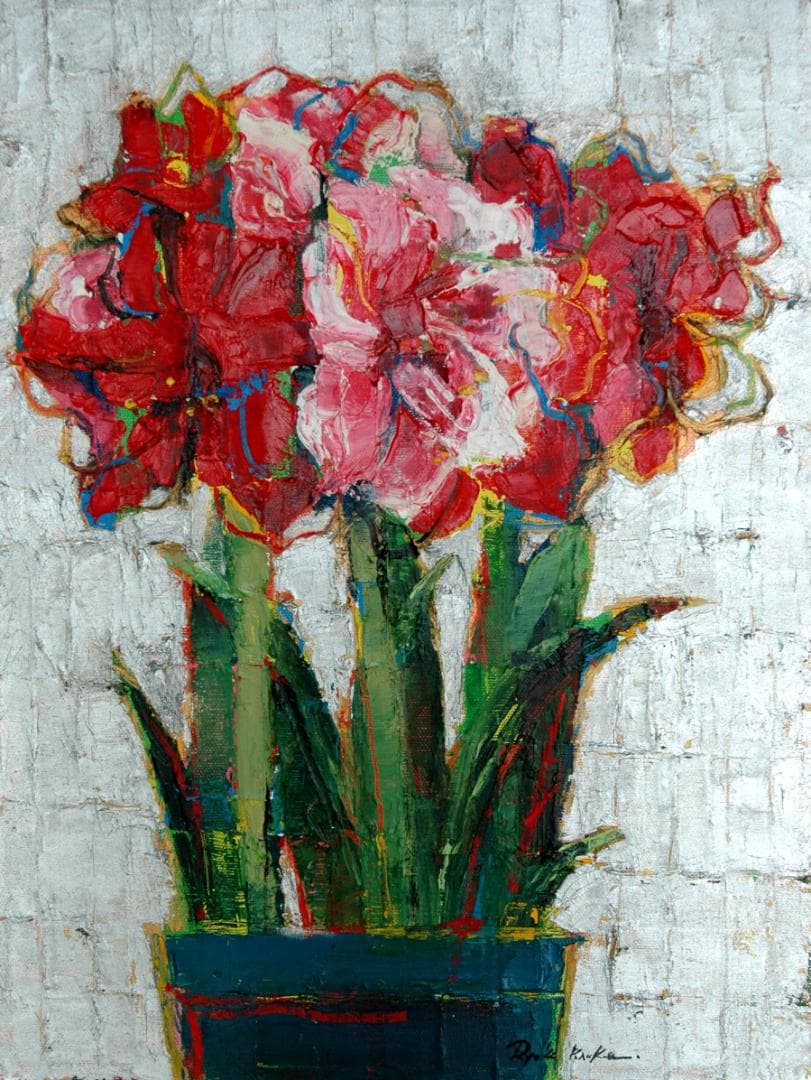 油絵 菅家令子 絵 絵画インテリア額付( 青緑＋金色の枠)uF6-111002花