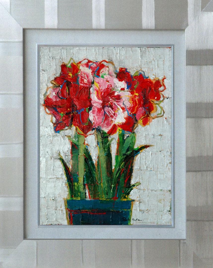 油絵 菅家令子 絵 絵画インテリア額付( 青緑＋金色の枠)uF6-111002花