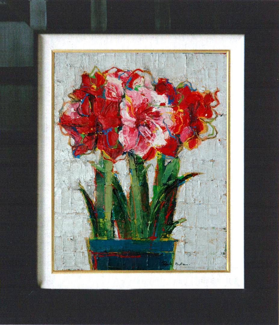 油絵 菅家令子 絵 絵画インテリア額付( 青緑＋金色の枠)uF6-111002花