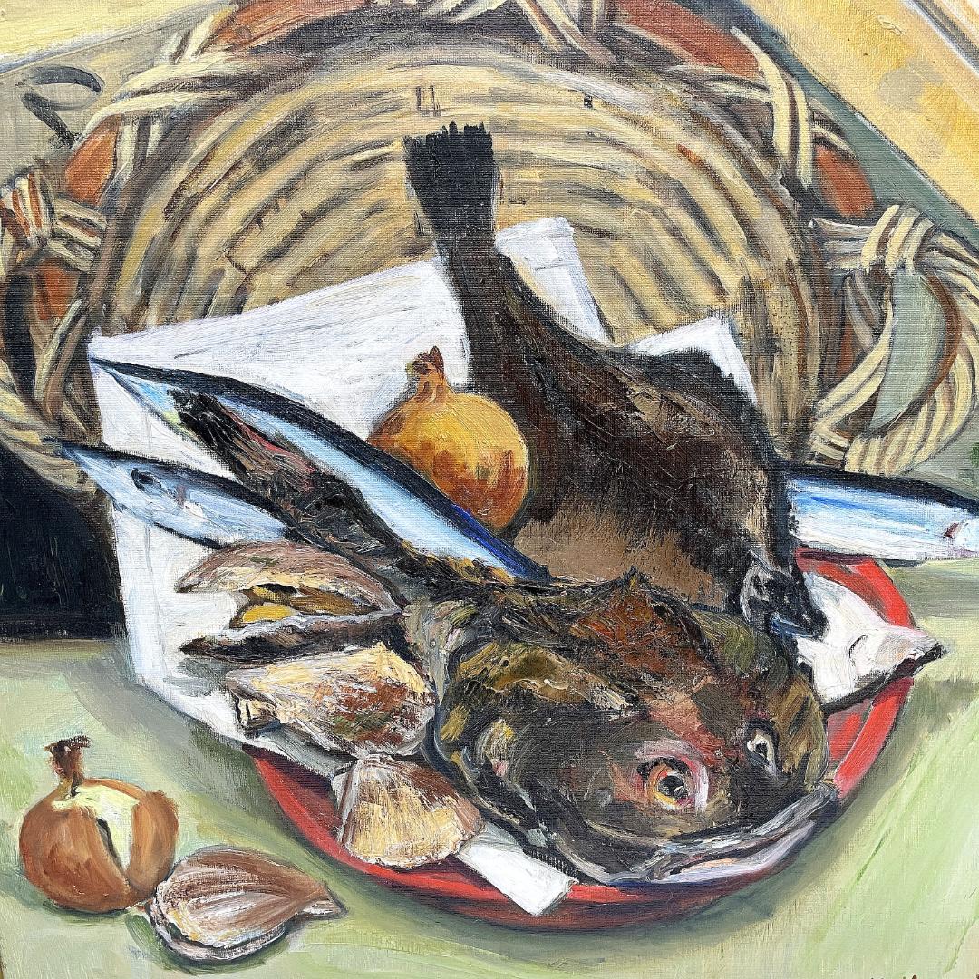 真作保証 河合キヨ子『アンコウのいる静物（不明）』直筆サイン入り 肉筆 油彩画