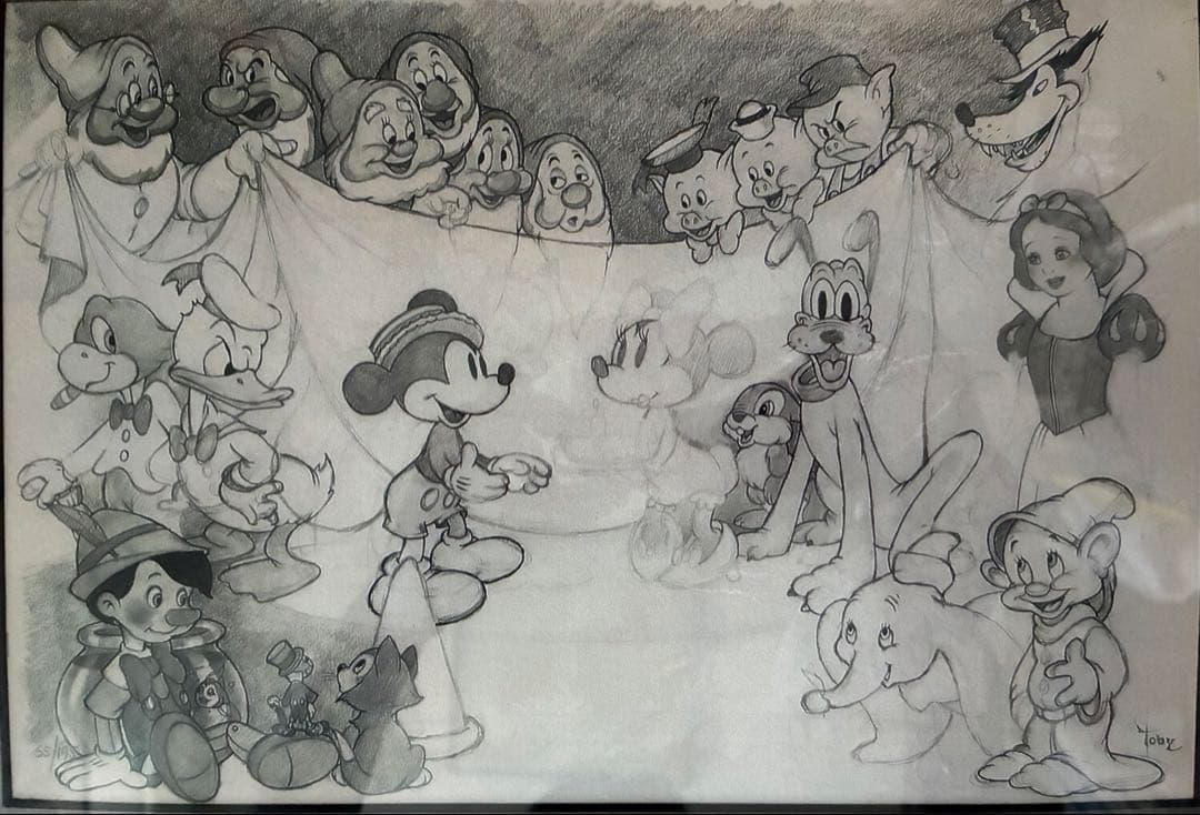 ディズニー　Toby作　　オールキャスト（白雪姫まで）下絵（えんぴつ書）額装