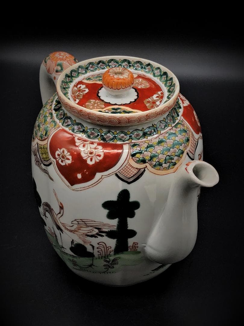 【 色鍋島水瓶 】 肥前官窯松鶴色絵　江戸期　桐箱付き