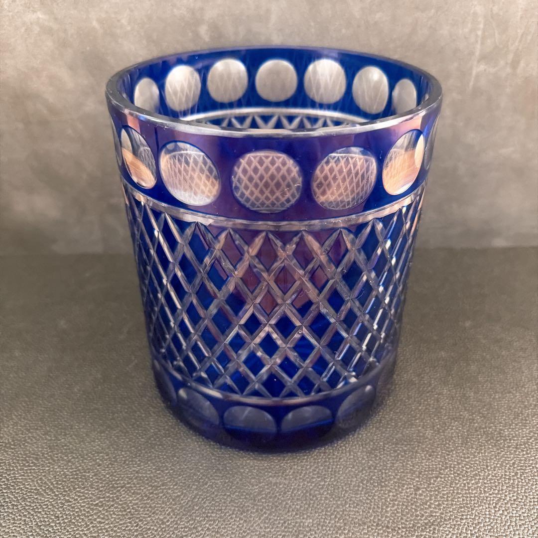 【美品】　江戸切子ガラス　瑠璃色 水指 / 茶道具 ふた、共箱付き　水差し