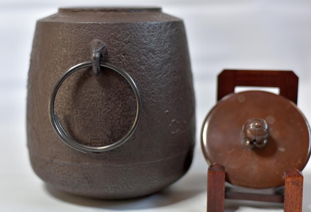 梅文筒型　茶釜【極上品】銅蓋　佐藤光男作　共箱　囲炉裏　茶道具