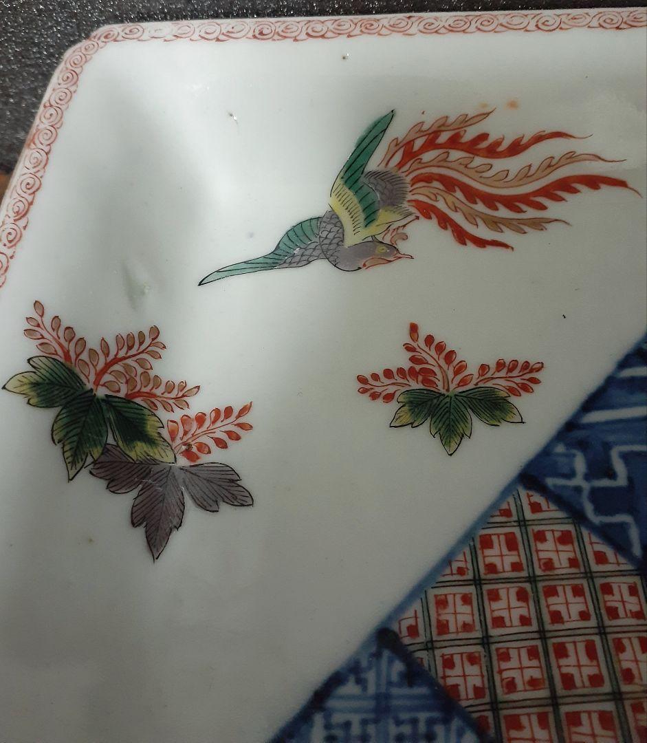 【珠玉逸品❗️】江戸時代　古伊万里　柿右衛門様式　鳳凰に桐　区割り文様　四方深皿