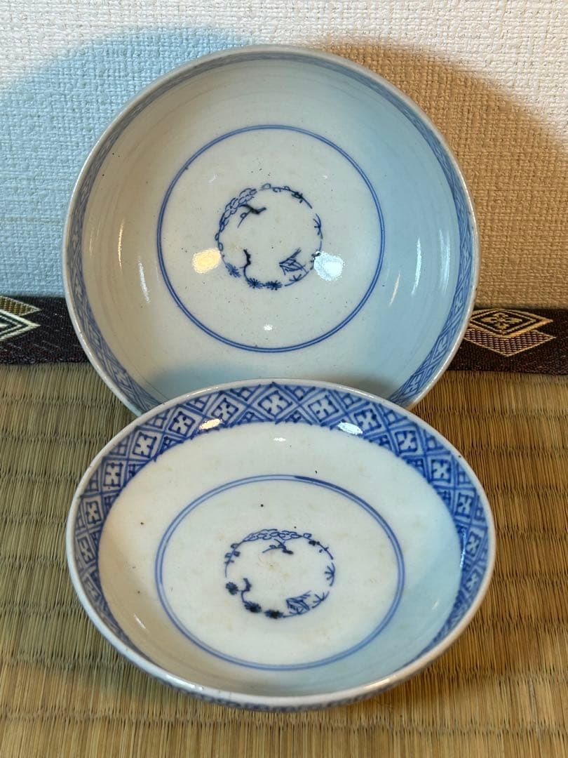 古伊万里染付 微塵唐草模様飯茶碗 江戸時代後期　2客 無傷