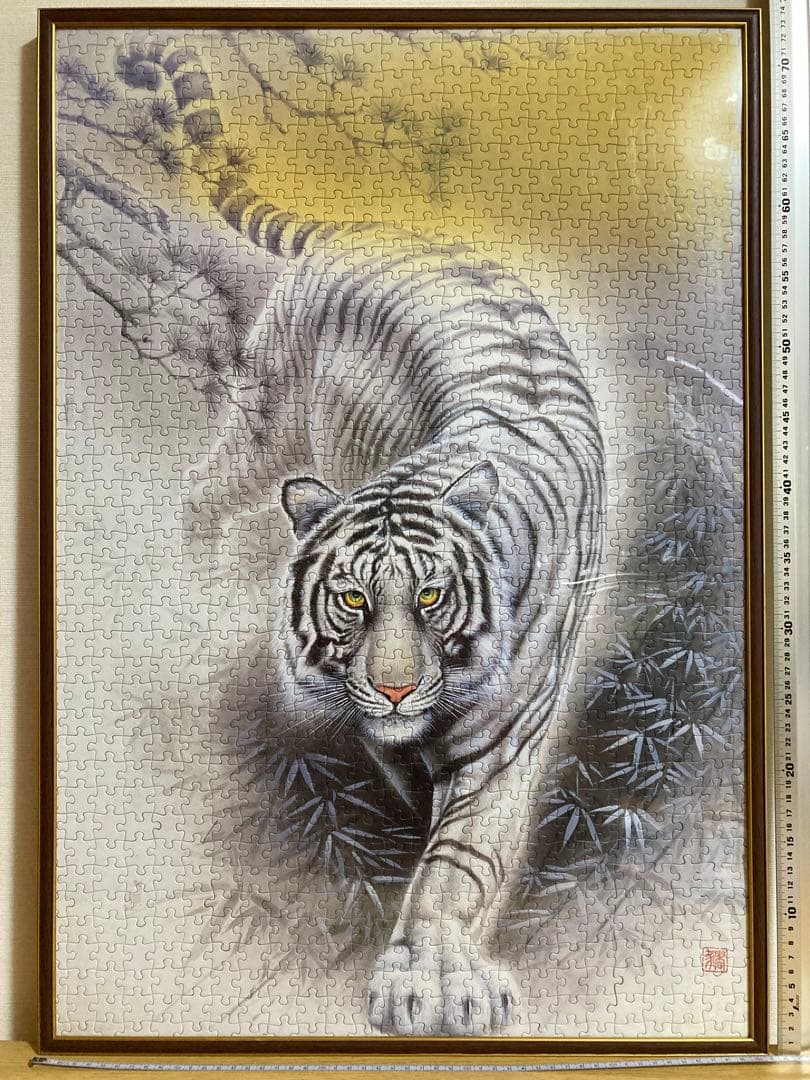 千P⑤松竹林の虎　ジグソーパズル　金色アルミ額74×51㎝　パネル完成品　白黒