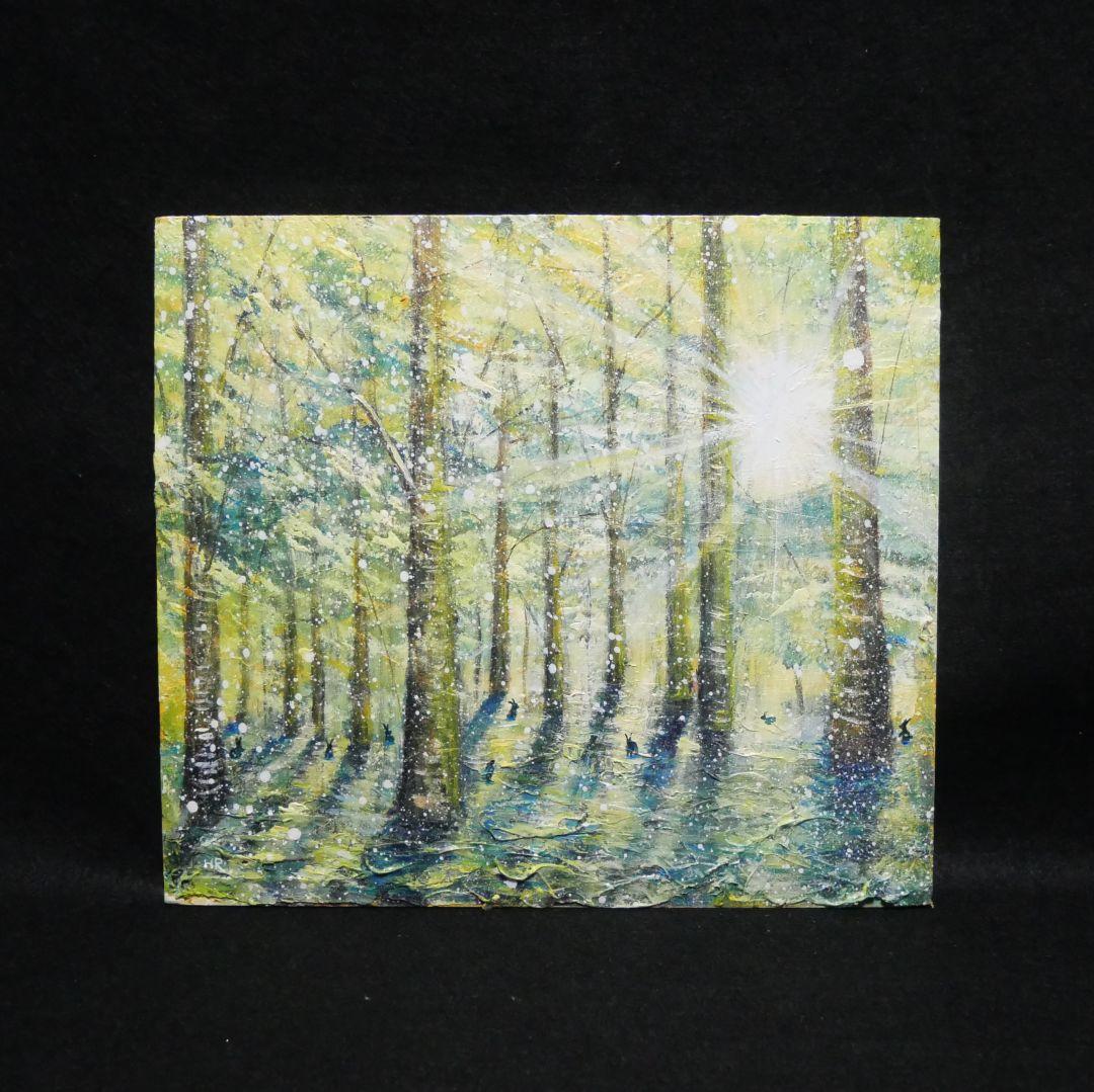 油絵 油彩 油彩画 絵 絵画【雪の朝日小さいウサギ達】