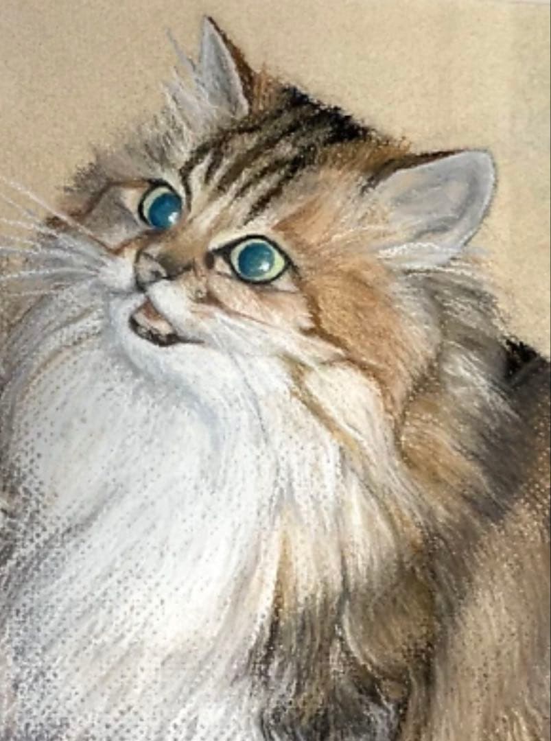 【額装美術品】町田和子 猫 絵画 パステル画 サイン入り 1988作品 求愛 r