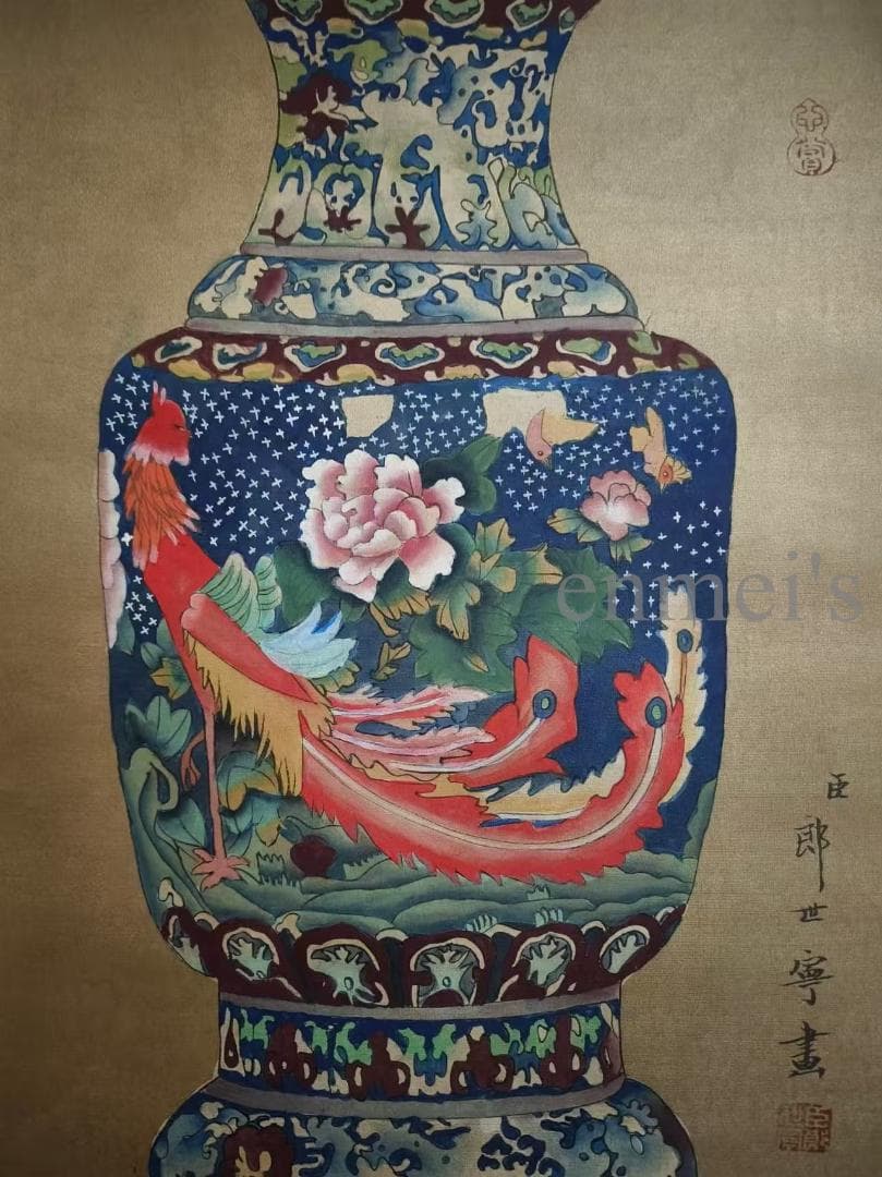 中国古美術 近代 絹本手描き 郎世寧 博古瓶図 三尺 牙軸 肉筆 古玩 中堂画