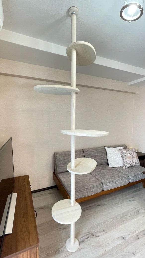 天然木　突っ張り型キャットタワー 5段 ホワイト　2ｍ40ｃｍ　送料無料