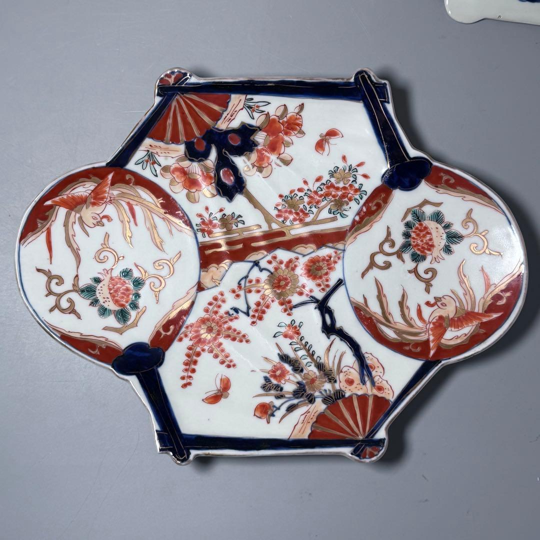 1800年代後期　古伊万里　色絵花蝶図変形中皿　五枚　柘榴に鳳凰　裏蝙蝠文　珍品