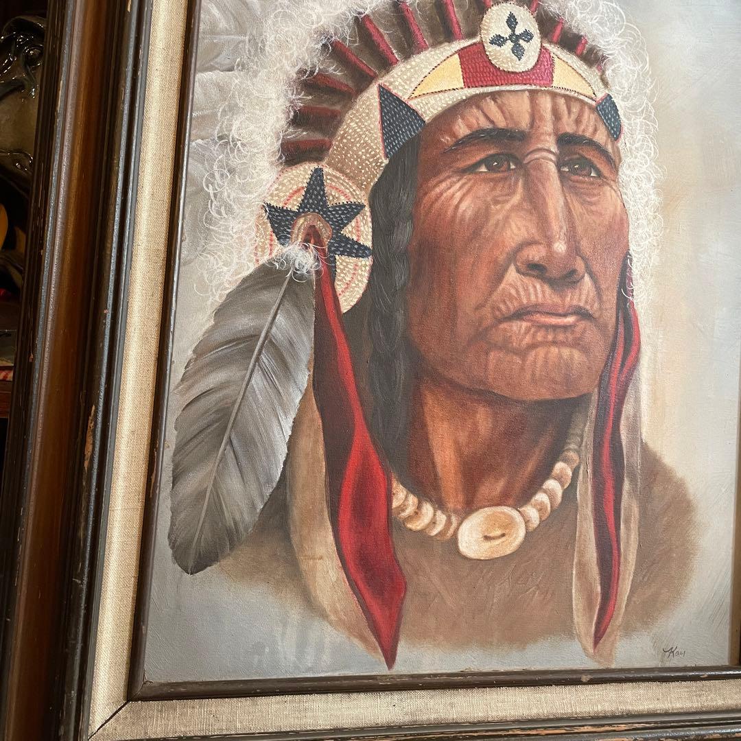 希少！ネイティブアメリカン　酋長インディアン油彩絵画　USAヴィンテージプエブロ